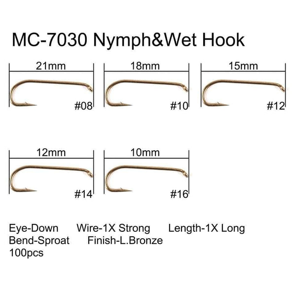 Planet Gates 100pcs 4#-22# Fish-Friendly Barbed Fly Fishing Hooks Dry&Wet&Nymph&Shrimp Caddis Pupa Streamer Fly Hooks