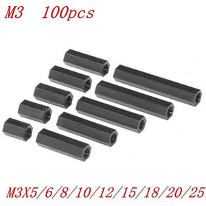 100pcs/lot M3*5/6/8/10/12/15/18/20/25 Black Nylon Standoff  3mm Female To Female Nylon Plastic Spacer Long Hex Nut