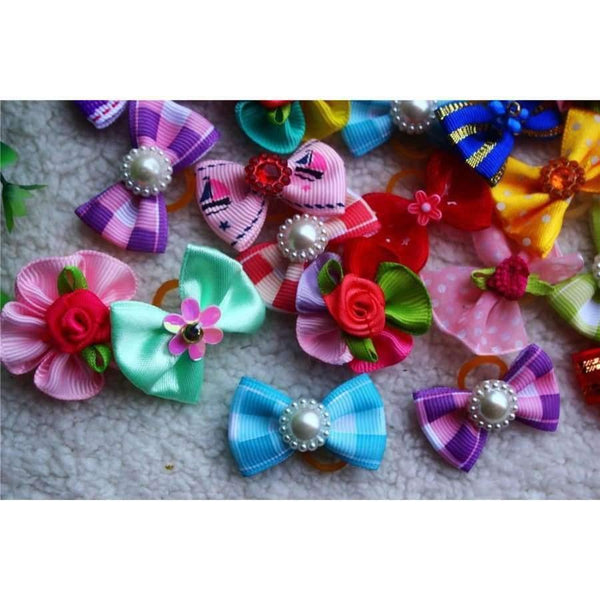 Planet Gates 100pcs Pet Supplies Dog Grooming Bows Rhinestone Pearls Pet Dog Hair Bows Pet grooming Accessories Rubber Bands Pet Products