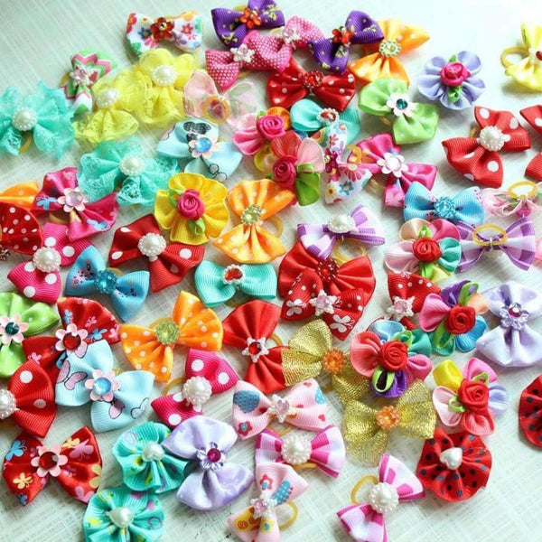 Planet Gates 100pcs Pet Supplies Dog Grooming Bows Rhinestone Pearls Pet Dog Hair Bows Pet grooming Accessories Rubber Bands Pet Products