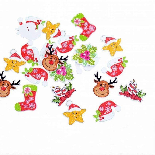 Planet Gates 100Pcs Random Mixed 2 Holes Christmas Wood Sewing Buttons Scrapbooking 19x30mm-30x27mm
