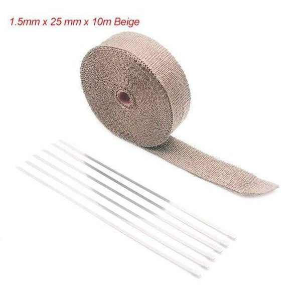 Planet Gates 10M Beige Alconstar- 5M/10M/15M Motorcycle Exhaust Thermal Tape Header Heat Wrap Manifold Insulation Roll Resistant with Stainless Ties