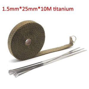 Planet Gates 10M titanium Alconstar- 5M/10M/15M Motorcycle Exhaust Thermal Tape Header Heat Wrap Manifold Insulation Roll Resistant with Stainless Ties