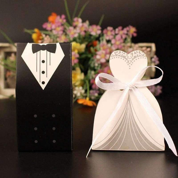 Planet Gates 10Pcs Candy Box Bridal Gift Cases Groom Tuxedo Dress Gown Ribbon Wedding Favors Sugar Case Wedding Decoration mariage casamento