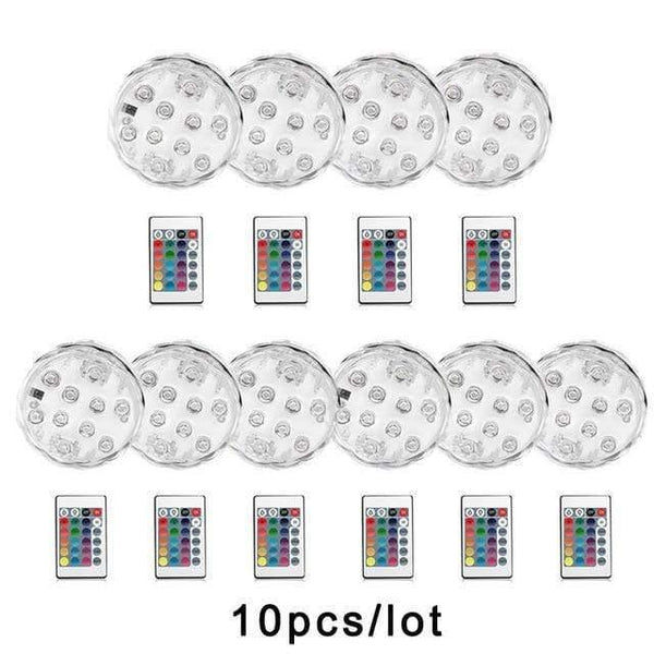 Planet Gates 10pcs Underwater LED Light Submersible IP68 Waterproof Battery Operated Remote Control Multi Color 10 LED RGB Swimming Pool Night Lamp