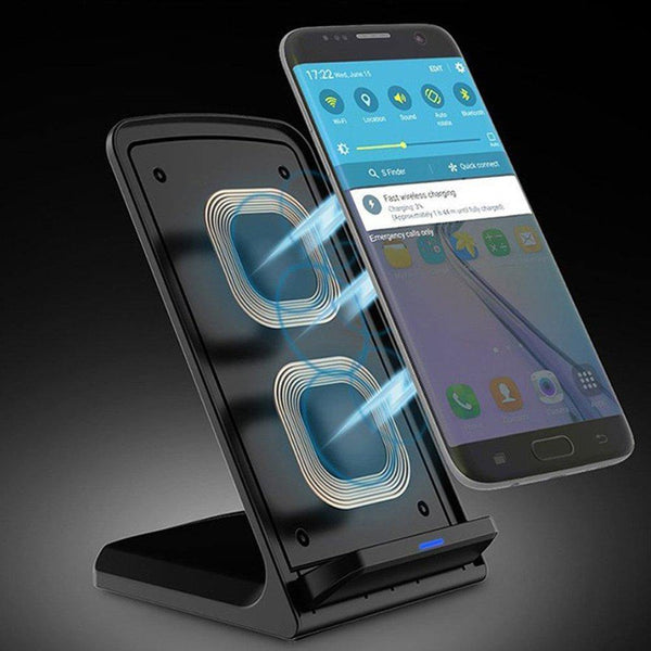 Planet Gates 10W Portable Vertical Double Coil Wireless Charger with LED Indicator Fast Charger for Qi Standard Smart Mobile Phone Charger