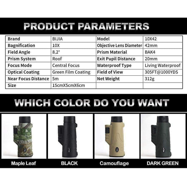 Planet Gates 10x42 High Quality 4 colors Multi-coated BAK4 Prism monocular Hunting Bird Watching travel telescope