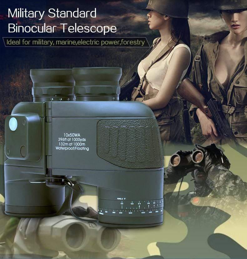 Planet Gates 10x50 HD Marine Binoculars Zoom Rangefinder Compass Telescope Eyepiece Waterproof Nitrogen Army Green