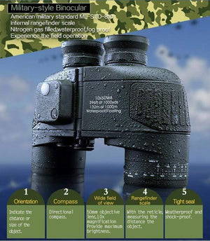 Planet Gates 10x50 HD Marine Binoculars Zoom Rangefinder Compass Telescope Eyepiece Waterproof Nitrogen Army Green