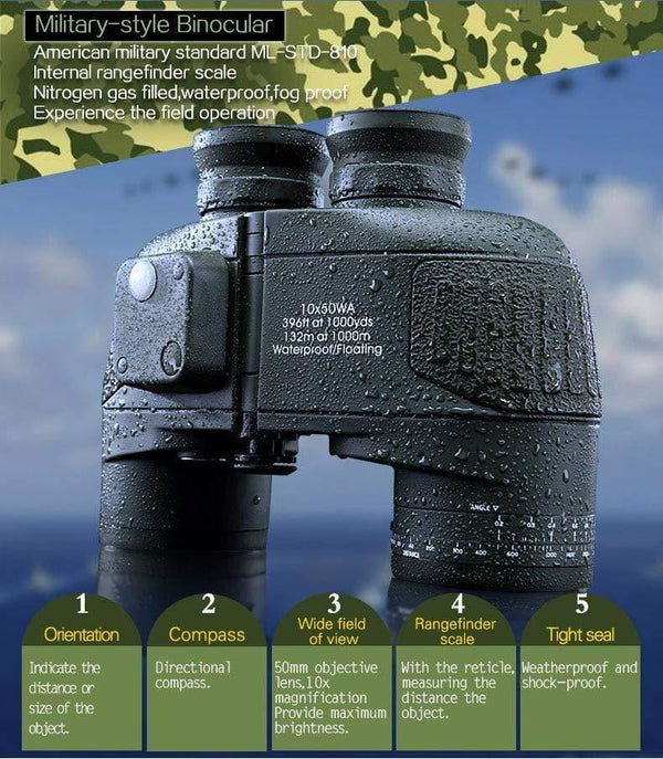 Planet Gates 10x50 HD Marine Binoculars Zoom Rangefinder Compass Telescope Eyepiece Waterproof Nitrogen Army Green