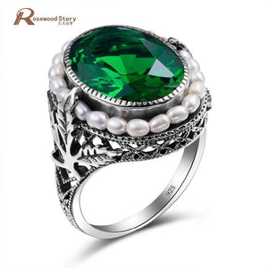 Planet Gates 11 925 Sterling Silver Ring Natural Pearl Vintage Green Stone Crystal Rings Jewelry for Women