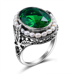 Planet Gates 11 925 Sterling Silver Ring Natural Pearl Vintage Green Stone Crystal Rings Jewelry for Women