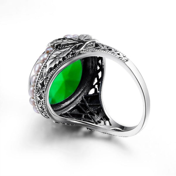 Planet Gates 11 925 Sterling Silver Ring Natural Pearl Vintage Green Stone Crystal Rings Jewelry for Women