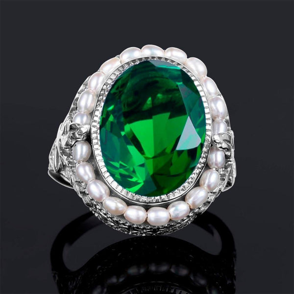 Planet Gates 11 925 Sterling Silver Ring Natural Pearl Vintage Green Stone Crystal Rings Jewelry for Women