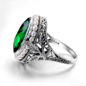 Planet Gates 11 925 Sterling Silver Ring Natural Pearl Vintage Green Stone Crystal Rings Jewelry for Women