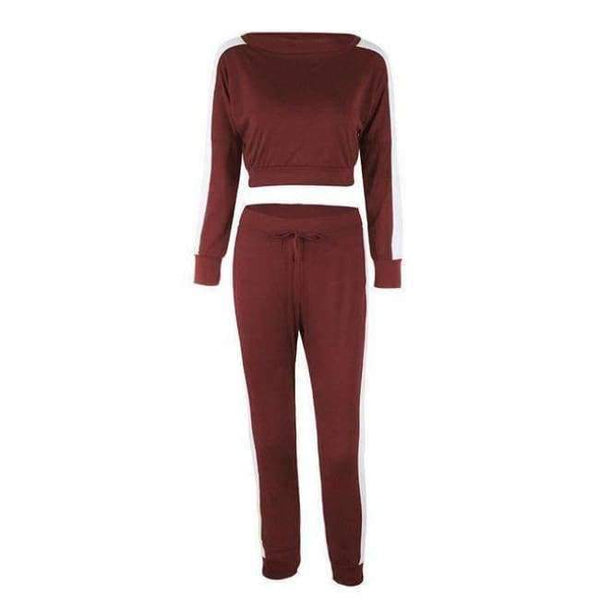 Planet Gates 11 wine red / S Colors Patchwork Two Piece Women Sets Tracksuit 2018 Autumn Winter Striped Sweatshirts Crop Tops Legging Suits Sporty