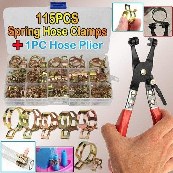 Planet Gates 115PCS Zinc Plated 6-22mm Spring Hose Clamps + 1PC Straight Throat Tube Clamp Band Clamp Metal Fastener Assortment Kit with Box
