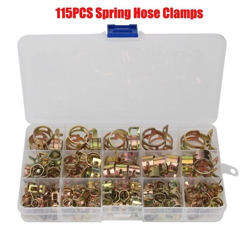 Planet Gates 115PCS Zinc Plated 6-22mm Spring Hose Clamps + 1PC Straight Throat Tube Clamp Band Clamp Metal Fastener Assortment Kit with Box