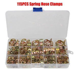 Planet Gates 115PCS Zinc Plated 6-22mm Spring Hose Clamps + 1PC Straight Throat Tube Clamp Band Clamp Metal Fastener Assortment Kit with Box