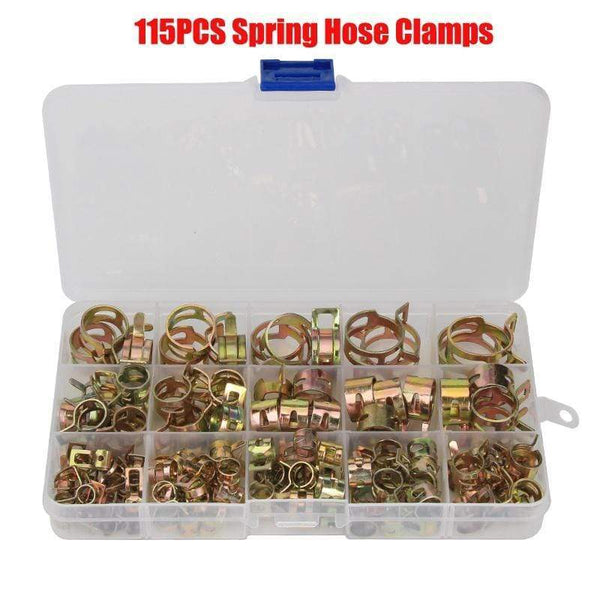 Planet Gates 115PCS Zinc Plated 6-22mm Spring Hose Clamps + 1PC Straight Throat Tube Clamp Band Clamp Metal Fastener Assortment Kit with Box