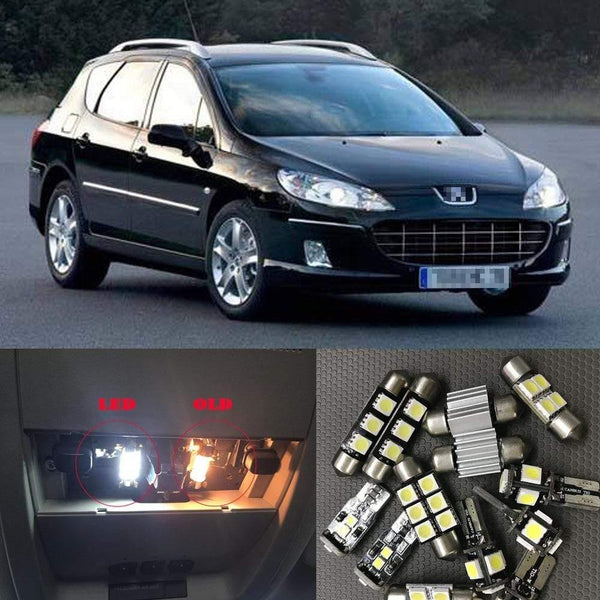 Planet Gates 11Pcs Cool White Canbus LED Car Bulbs Interior Package Kit For Peugeot 407 SW 2004-2010 Map Dome Trunk Glove Box Light