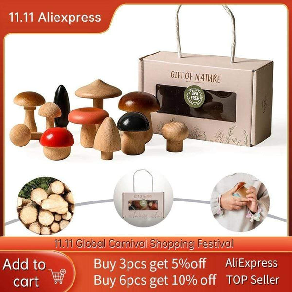 Planet Gates 11Pcs Woode Mushroom Blocks for Children Montessori Educational Wooden Toys Safety Kitchen Utensils Toys Baby Grasp Matching Toy