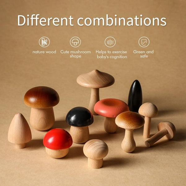 Planet Gates 11Pcs Woode Mushroom Blocks for Children Montessori Educational Wooden Toys Safety Kitchen Utensils Toys Baby Grasp Matching Toy