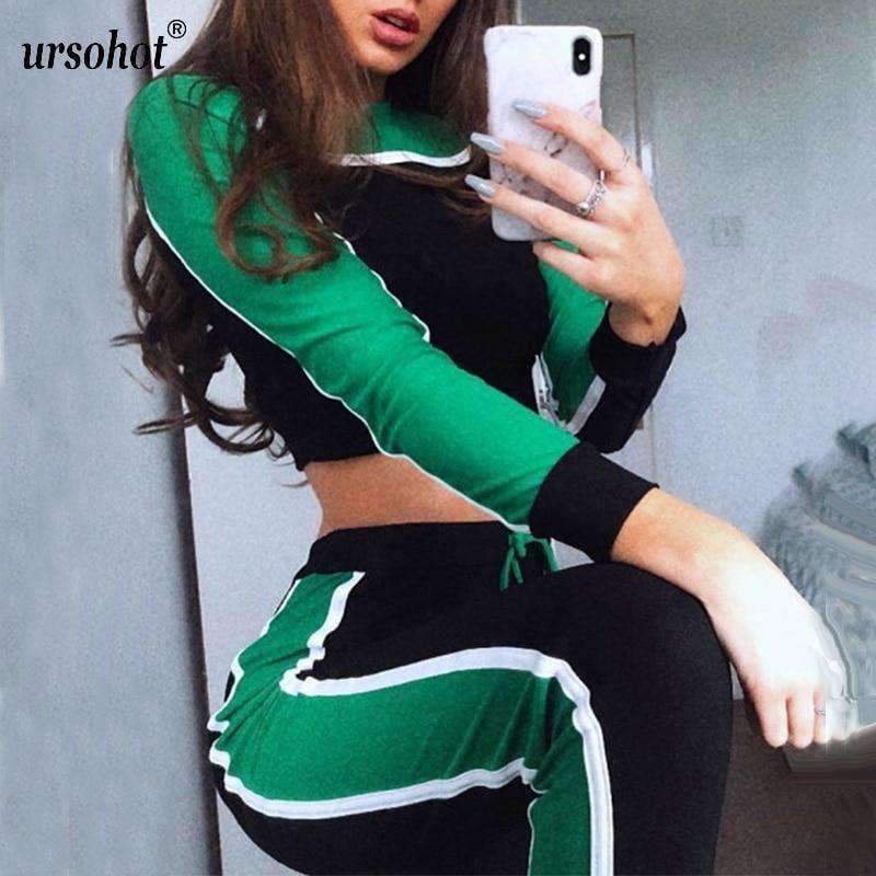 Planet Gates 12 blue / S Colors Patchwork Two Piece Women Sets Tracksuit 2018 Autumn Winter Striped Sweatshirts Crop Tops Legging Suits Sporty