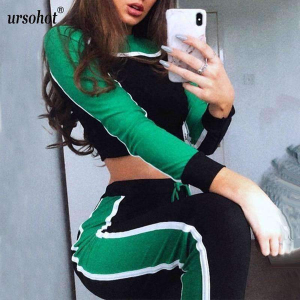 Planet Gates 12 blue / S Colors Patchwork Two Piece Women Sets Tracksuit 2018 Autumn Winter Striped Sweatshirts Crop Tops Legging Suits Sporty