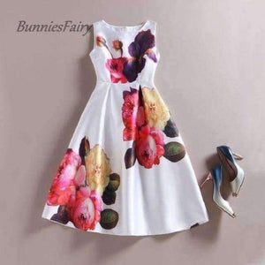 Planet Gates 12 / L Celebrity-inspired Women Elegant Vintage Retro Flower Floral Print Vest Dresses Sleeveless O-Neck Vestido de Fiesta