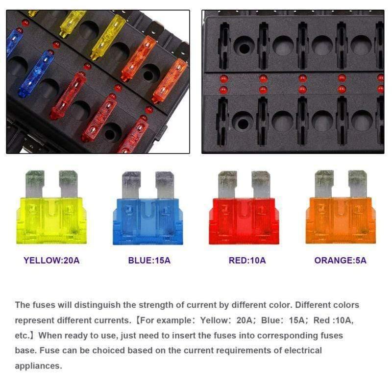 12 Way Blade Fuse Box Holder 12V 24V for Car Boat Marine Caravan Trike Car Fuse Blocks with LED Indicator Warning Light