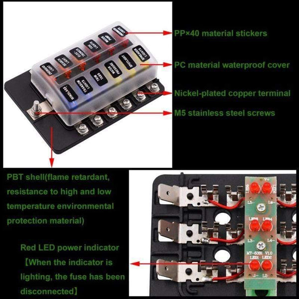 12 Way Blade Fuse Box Holder 12V 24V for Car Boat Marine Caravan Trike Car Fuse Blocks with LED Indicator Warning Light