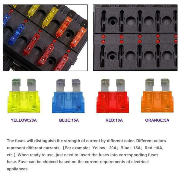 12 Way Blade Fuse Box Holder 12V 24V for Car Boat Marine Caravan Trike Car Fuse Blocks with LED Indicator Warning Light