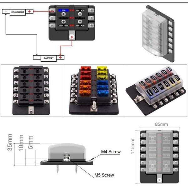 12 Way Blade Fuse Box Holder 12V 24V for Car Boat Marine Caravan Trike Car Fuse Blocks with LED Indicator Warning Light