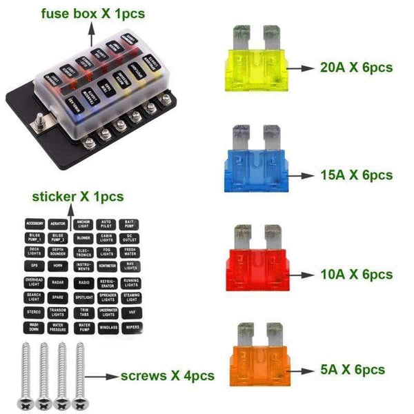 12 Way Blade Fuse Box Holder 12V 24V for Car Boat Marine Caravan Trike Car Fuse Blocks with LED Indicator Warning Light