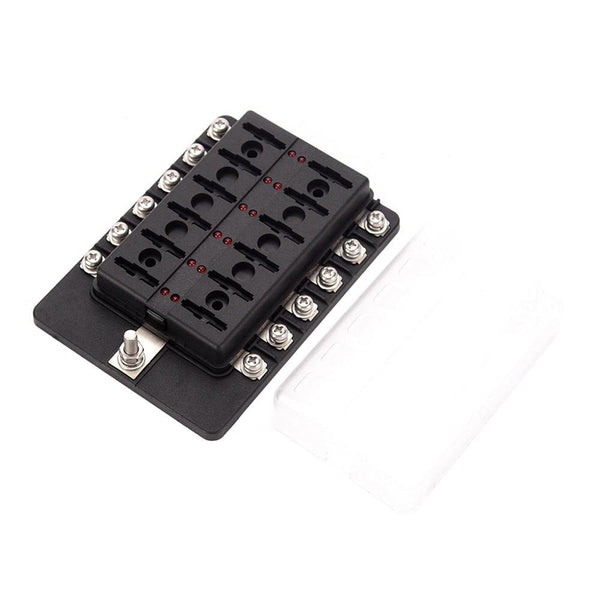 12 Way Blade Fuse Box Holder Fuse Blocks with Red LED Indicator 10Pcs Fuses 10Pcs Terminals for Car Boat Caravan Truck 12V 24V
