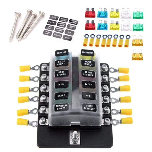 12 Way Blade Fuse Box Holder Fuse Blocks with Red LED Indicator 10Pcs Fuses 10Pcs Terminals for Car Boat Caravan Truck 12V 24V