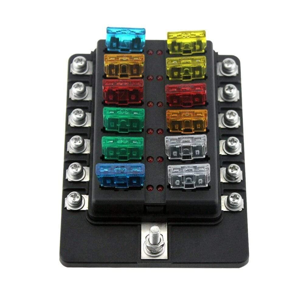 12 Way Blade Fuse Box Holder Fuse Blocks with Red LED Indicator 10Pcs Fuses 10Pcs Terminals for Car Boat Caravan Truck 12V 24V