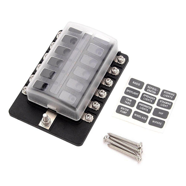 12 Way Blade Fuse Box Holder Fuse Blocks with Red LED Indicator 10Pcs Fuses 10Pcs Terminals for Car Boat Caravan Truck 12V 24V
