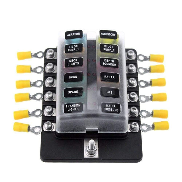 12 Way Blade Fuse Box Holder Fuse Blocks with Red LED Indicator 10Pcs Fuses 10Pcs Terminals for Car Boat Caravan Truck 12V 24V