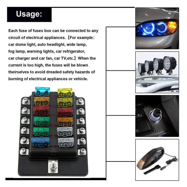 12 Way Blade Fuse Box Holder Fuse Blocks with Red LED Indicator 10Pcs Fuses 10Pcs Terminals for Car Boat Caravan Truck 12V 24V