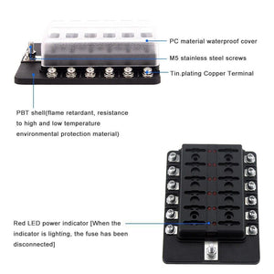 12 Way Blade Fuse Box Holder Fuse Blocks with Red LED Indicator 10Pcs Fuses 10Pcs Terminals for Car Boat Caravan Truck 12V 24V