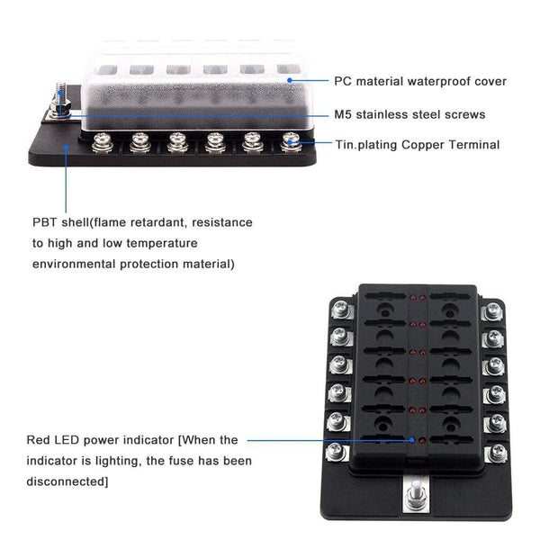 12 Way Blade Fuse Box Holder Fuse Blocks with Red LED Indicator 10Pcs Fuses 10Pcs Terminals for Car Boat Caravan Truck 12V 24V