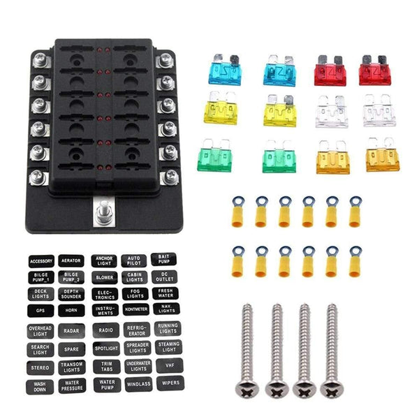12 Way Blade Fuse Box Holder Fuse Blocks with Red LED Indicator 10Pcs Fuses 10Pcs Terminals for Car Boat Caravan Truck 12V 24V