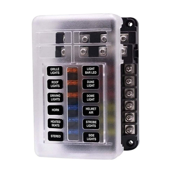 12-Way Fuse Box Blade Fuse Block Holder Screw Nut Terminal W/Negative Bus 5A 10A 15A 20A Free Fuses LED Indicator