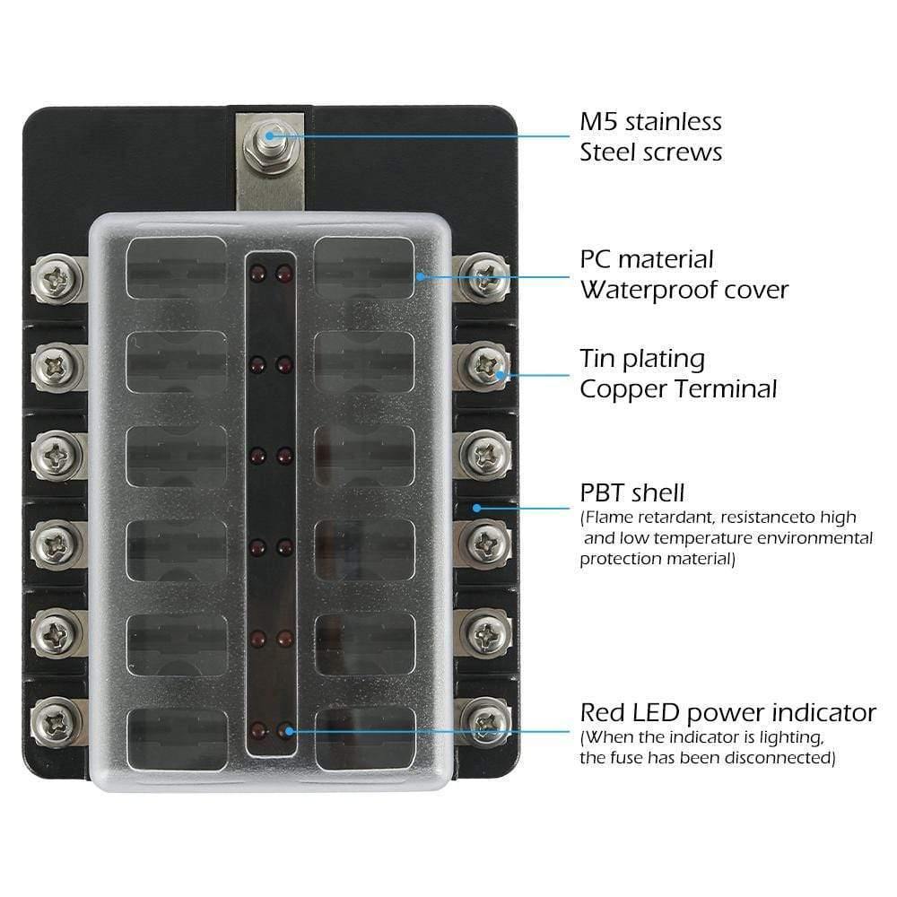 12 Ways Fuse Box with Negative Bus, Blade Fuses Holder Block with LED Indicator for Boat Van Car Truck Marine