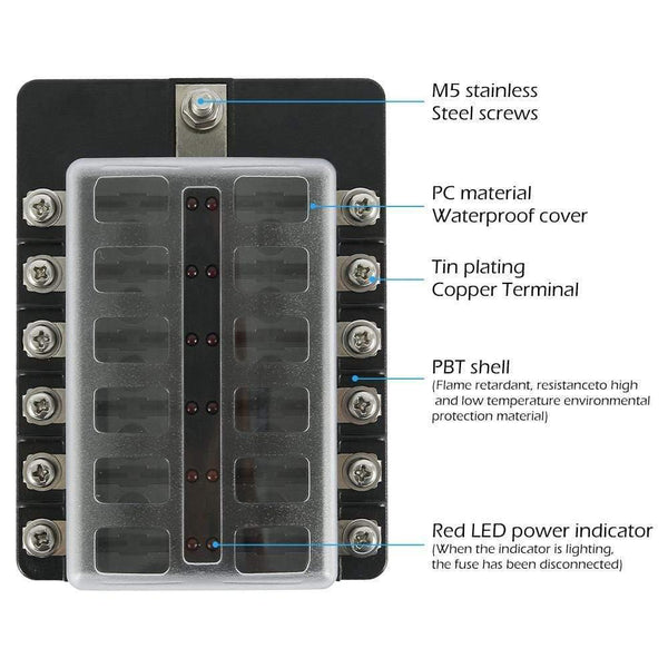 12 Ways Fuse Box with Negative Bus, Blade Fuses Holder Block with LED Indicator for Boat Van Car Truck Marine