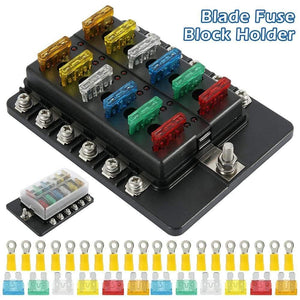 12 Ways Fuse Box with Negative Bus, Blade Fuses Holder Block with LED Indicator for Boat Van Car Truck Marine
