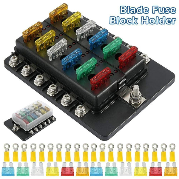 12 Ways Fuse Box with Negative Bus, Blade Fuses Holder Block with LED Indicator for Boat Van Car Truck Marine