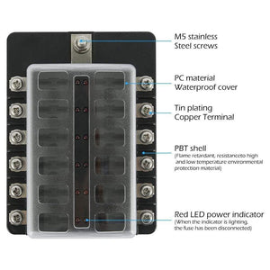 12 Ways Fuse Box with Negative Bus, Blade Fuses Holder Block with LED Indicator for Boat Van Car Truck Marine
